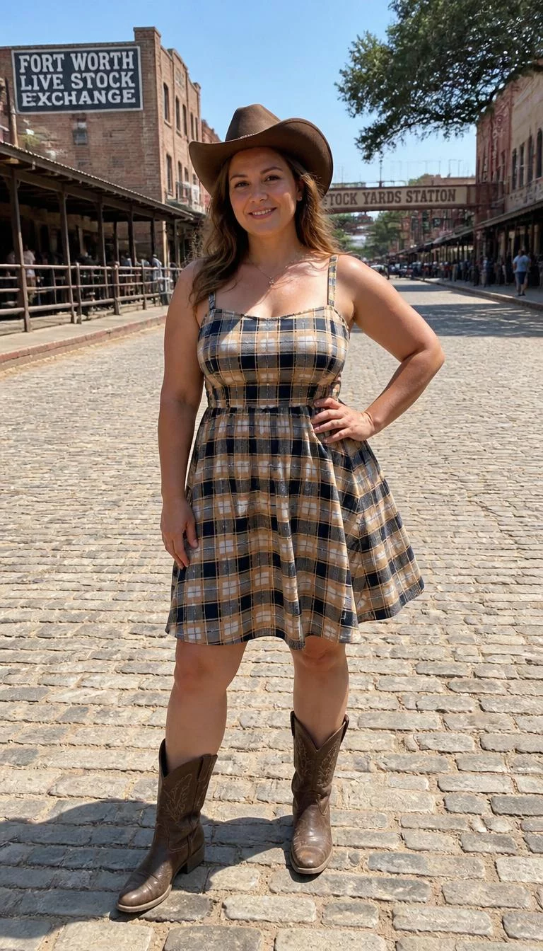 Sundresses and Hats at the Stockyards A photorealistic full body shot of a 46-year-old Eastern European woman with a heart-shaped face, light, straight nose, softly curved eyebrows, and heart-shaped lips. Her face features dimples, light freckles, and subtle natural facial asymmetry. She has almond-shaped amber eyes, rounded cheeks, broad smile, thoughtful. She is curvy build with light brown hair under a cowgirl hat and is wearing a checkered sundress and boots, historic stockyard street, high-quality mobile photography, shot on an iPhone 14.