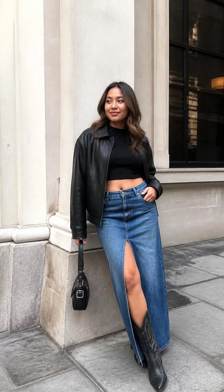 Leather Jacket and Denim Maxi Skirt A photorealistic full body shot of a 32-year-old Southeast Asian woman with a oblong face, light, broad nose, thin arched eyebrows, and wide lips. Her face features uneven eyebrows, faint under-eye shadows, and subtle natural facial asymmetry. She has monolid gray eyes, pronounced cheekbones, subtle smile, playful. She is curvy build with brunette wavy hair and is wearing a cropped black top, black leather jacket, and blue side-slit denim maxi skirt with black cowboy boots, neutral-toned building, no people in the background, high-quality mobile photography, shot on an iPhone 14.