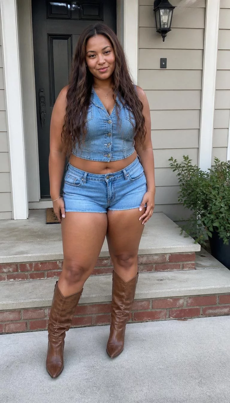 Denim Vest and Shorts with Tall Boots A photorealistic full body shot of a 27-year-old Afro-Caribbean woman with a pear-shaped face, tan, upturned nose, feathered eyebrows, and full lips. Her face features uneven eyebrows, faint under-eye shadows, and subtle natural facial asymmetry. She has downturned green eyes, rounded cheeks, closed-mouth smile, playful. She is curvy build with long brown hair and is wearing a denim vest, matching denim shorts, and tall tan-brown leather boots, front porch of a neutral-colored house, no people in the background, high-quality mobile photography, shot on an iPhone 14.