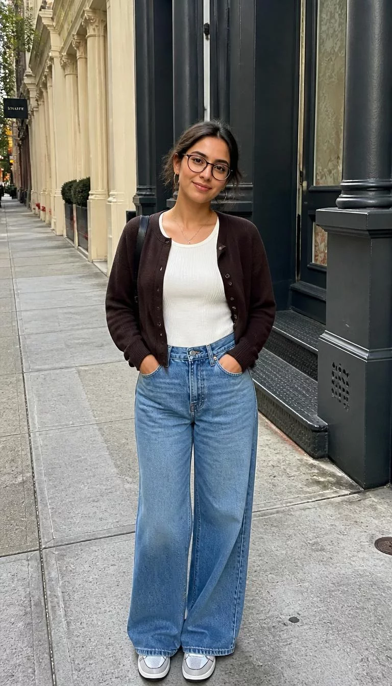 Dark Brown Cardigan and Wide Leg Jeans with Coffee A photorealistic full body shot of a 35-year-old South Asian woman with a oval face, olive, narrow nose, thick natural eyebrows, and thin lips. Her face features faint freckles across the nose, slightly flushed cheeks, and subtle natural facial asymmetry. She has almond-shaped blue eyes, high cheekbones, closed-mouth smile, playful. She is slim with brunette in small glasses hair and is wearing a white top, dark brown cardigan, wide-leg jeans, sneakers, city street, no people in the background, high-quality mobile photography, shot on an iPhone 14.