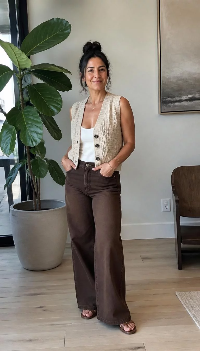 Knit Vest and Brown Wide Leg Jeans with Sandals A photorealistic full body shot of a 46-year-old Mediterranean woman with a pear-shaped face, olive, upturned nose, thin arched eyebrows, and heart-shaped lips. Her face features beauty mark near the lip, a few laugh lines, and subtle natural facial asymmetry. She has monolid hazel eyes, soft cheekbones, closed-mouth smile, confident. She is petite with brunette messy bun hair and is wearing a knit vest, white top, brown wide-leg jeans, sandals, bright room with a leafy plant, no people in the background, high-quality mobile photography, shot on an iPhone 14.