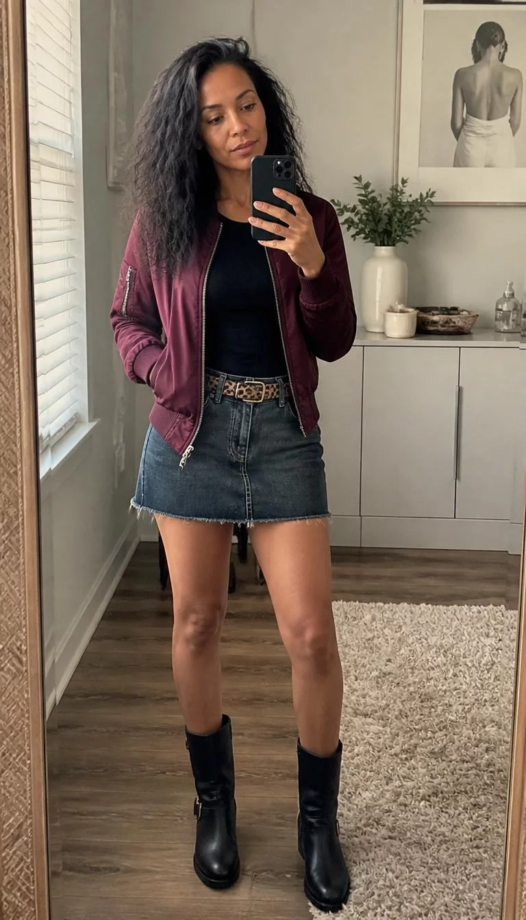 Burgundy Bomber Jacket and Denim Mini Skirt with Leopard Belt A photorealistic full body shot of a 44-year-old Afro-Caribbean woman with a heart-shaped face, fair, button nose, thick natural eyebrows, and full lips. Her face features widow's peak hairline, light freckles, and subtle natural facial asymmetry. She has almond-shaped gray eyes, pronounced cheekbones, neutral expression, thoughtful. She is petite with long dark wavy hair hair and is wearing a black top, burgundy bomber jacket, denim mini skirt, leopard belt, black boots, mirror selfie, no people in the background, high-quality mobile photography, shot on an iPhone 14.