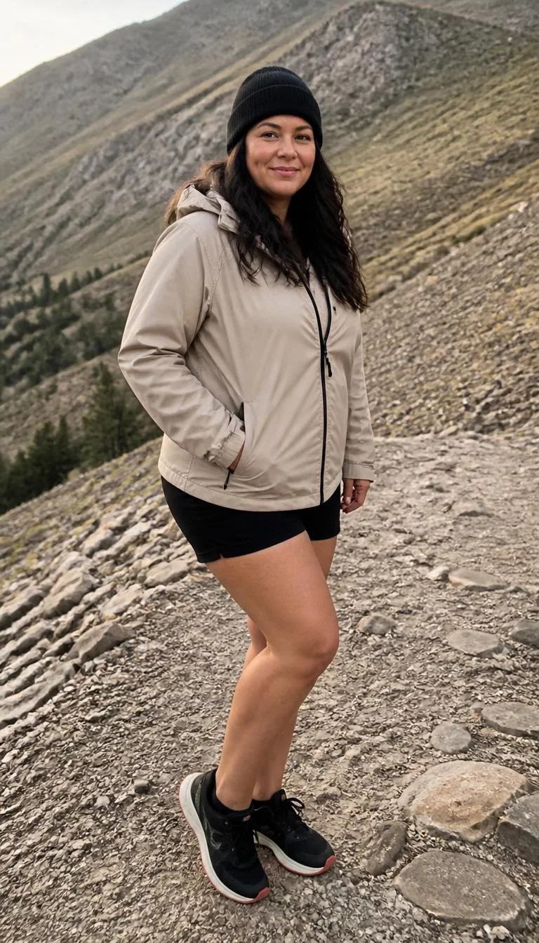 Beige Hooded Jacket and Black Shorts with Knit Beanie A photorealistic full body shot of a 45-year-old Southern European woman with a pear-shaped face, tan, upturned nose, feathered eyebrows, and full lips. Her face features dimples, visible pores, and subtle natural facial asymmetry. She has monolid amber eyes, rounded cheeks, closed-mouth smile, confident. She is curvy build with flowing long hair hair and is wearing a beige hooded jacket, black shorts, knit beanie, black sneakers, rocky mountain trail, no people in the background, high-quality mobile photography, shot on an iPhone 14.