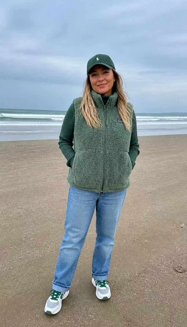 Green Ribbed Sweater and Oversized Fleece Vest with Cap A photorealistic full body shot of a 44-year-old Middle Eastern woman with a oblong face, light, straight nose, thick natural eyebrows, and wide lips. Her face features dimples, visible pores, and subtle natural facial asymmetry. She has monolid gray eyes, rounded cheeks, broad smile, confident. She is athletic build with blonde flowing hair hair and is wearing a green cap, green ribbed sweater, oversized fleece vest, light blue jeans, green-accented athletic sneakers, sandy beach, no people in the background, high-quality mobile photography, shot on an iPhone 14.