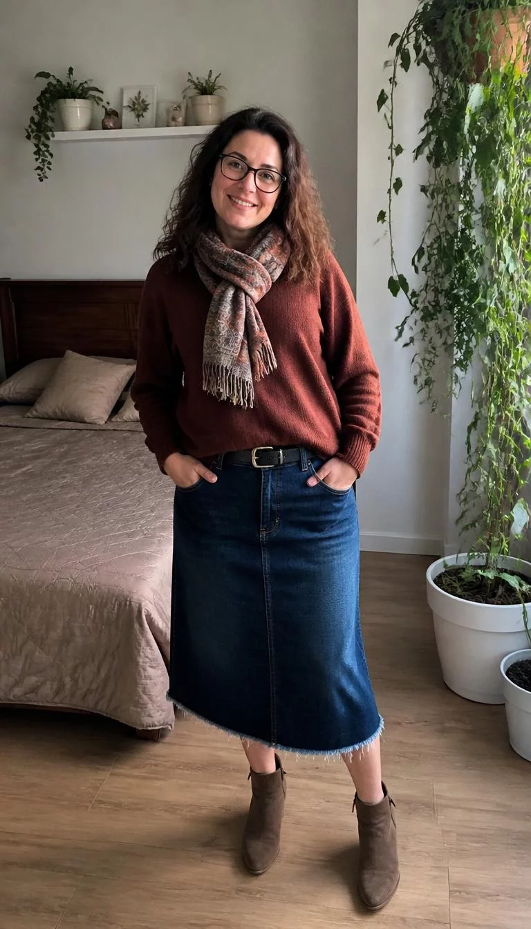 Brown Sweater and Denim Skirt with Scarf A photorealistic full body shot of a 48-year-old Eastern European woman with a round face, dark brown, button nose, thin arched eyebrows, and full lips. Her face features gap between front teeth, slightly flushed cheeks, and subtle natural facial asymmetry. She has round green eyes, rounded cheeks, subtle smile, playful. She is petite with mahogany hair in loose waves hair and is wearing a brown sweater, denim skirt, scarf, black glasses, suede ankle boots, inside a bedroom near plants, no people in the background, high-quality mobile photography, shot on an iPhone 14.