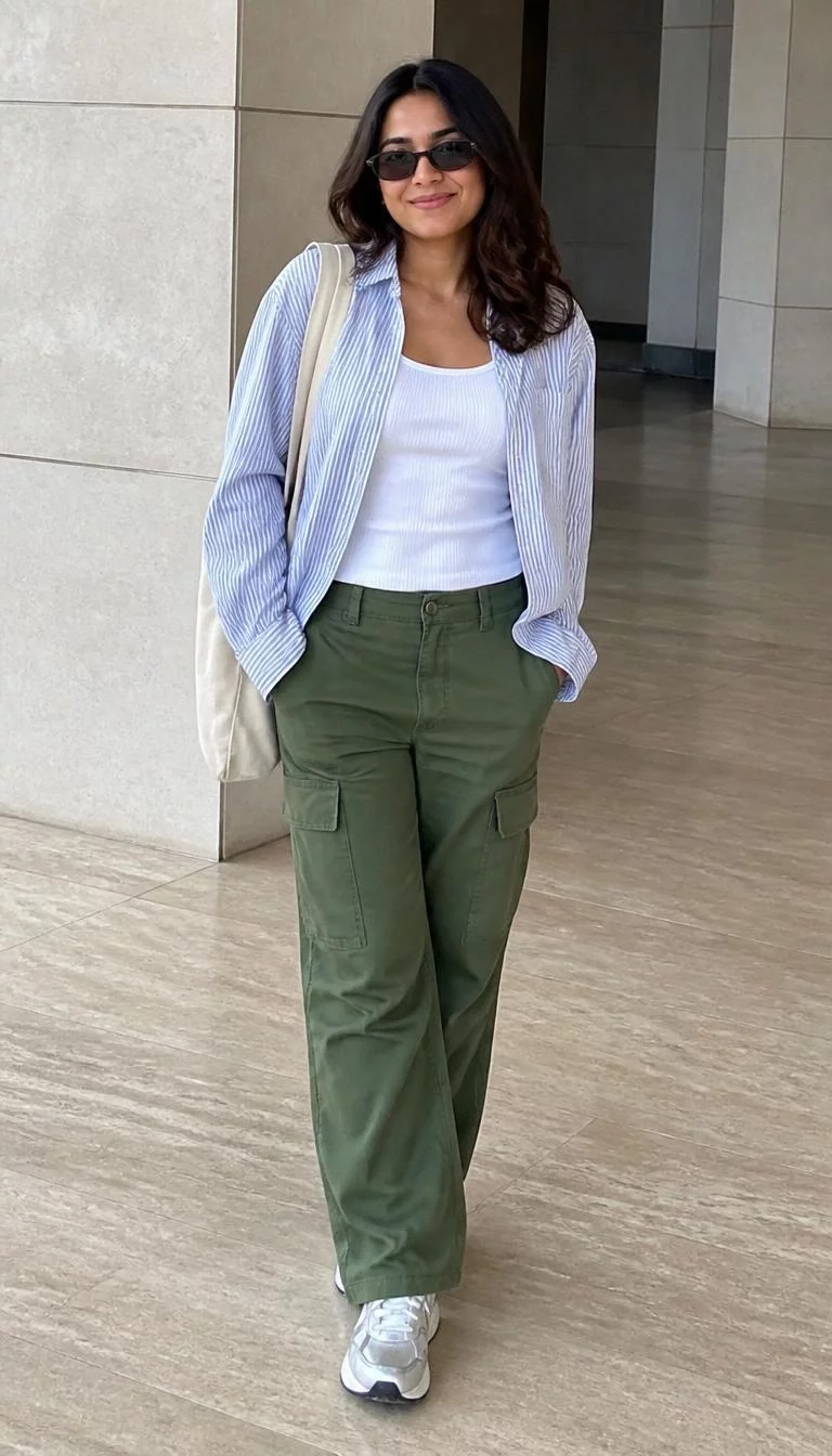 A photorealistic full body shot of a 27-year-old South Asian woman with a pear-shaped face, olive, button nose, thick natural eyebrows, and wide lips. Her face features gap between front teeth, a few laugh lines, and subtle natural facial asymmetry. She has monolid amber eyes, soft cheekbones, closed-mouth smile, confident. She is average build with [hair_color] [hairstyle] hair and is wearing a striped button-down shirt, white tank top, olive green cargo pants, cream canvas bag, sunglasses, sneakers, neutral-toned floor, no people in the background, high-quality mobile photography, shot on an iPhone 14.
