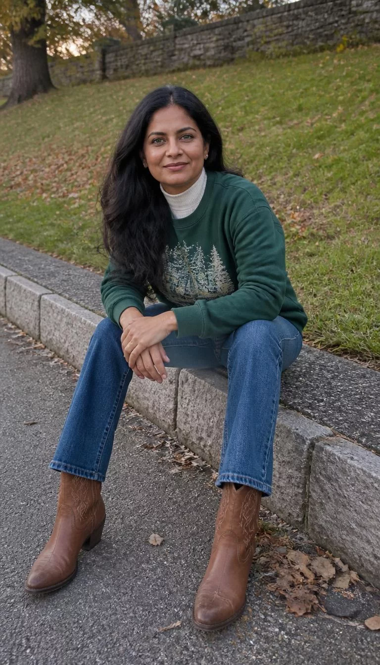 A photorealistic full body shot of a 43-year-old South Asian woman with a round face, deep brown, upturned nose, straight eyebrows, and heart-shaped lips. Her face features widow's peak hairline, light freckles, and subtle natural facial asymmetry. She has hooded gray eyes, pronounced cheekbones, subtle smile, confident. She is slim with [hair_color] [hairstyle] hair and is wearing a dark green printed sweatshirt, white turtleneck, blue jeans, brown cowboy-style boots, sitting on a stone curb, no people in the background, high-quality mobile photography, shot on an iPhone 14.