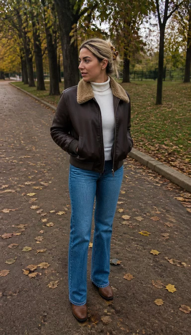 Brown Bomber Jacket and Fur Collar with Blue Jeans A photorealistic full body shot of a 36-year-old Southern European woman with a heart-shaped face, dark brown, button nose, thick natural eyebrows, and wide lips. Her face features small scar on the eyebrow, visible pores, and subtle natural facial asymmetry. She has deep-set dark brown eyes, high cheekbones, subtle smile, relaxed. She is slim with blonde hair in a claw clip hair and is wearing a white turtleneck, brown bomber jacket with a fur collar, blue jeans, boots, autumn-leafed park, no people in the background, high-quality mobile photography, shot on an iPhone 14.