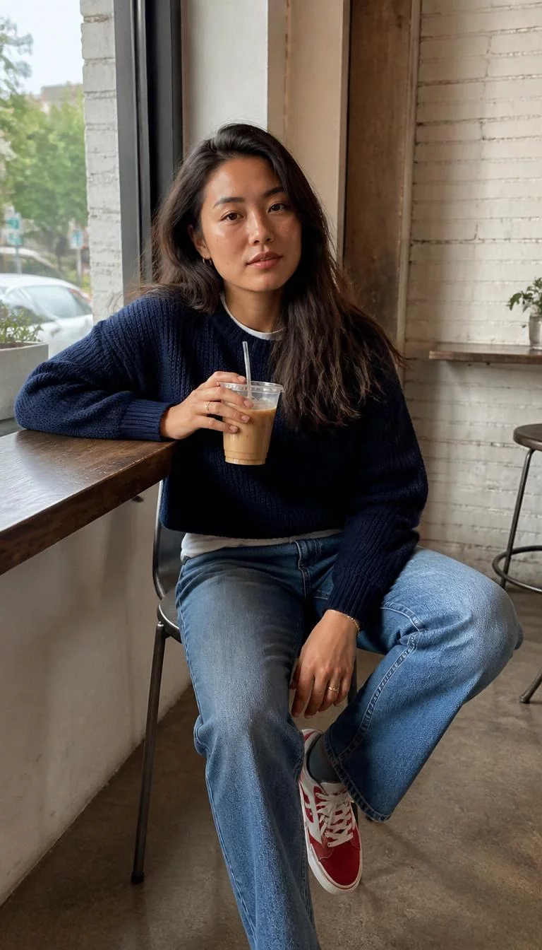 A photorealistic full body shot of a 32-year-old East Asian woman with a pear-shaped face, deep brown, aquiline nose, thin arched eyebrows, and full lips. Her face features beauty mark near the lip, light freckles, and subtle natural facial asymmetry. She has upturned dark brown eyes, high cheekbones, neutral expression, confident. She is average build with [hair_color] [hairstyle] hair and is wearing a dark blue sweater, white top, blue jeans, red and white sneakers, sitting at a cafe window holding iced coffee, no people in the background, high-quality mobile photography, shot on an iPhone 14.
