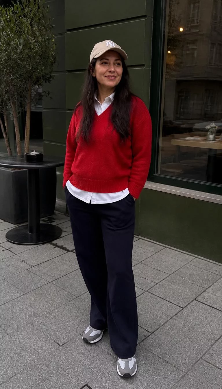 Red Sweater and Tan Baseball Cap with Dark Trousers A photorealistic full body shot of a 44-year-old Southern European woman with a round face, deep brown, straight nose, softly curved eyebrows, and full lips. Her face features dimples, slightly flushed cheeks, and subtle natural facial asymmetry. She has upturned hazel eyes, rounded cheeks, subtle smile, relaxed. She is average build with long hair hair and is wearing a tan baseball cap, red sweater over a white shirt, dark trousers, sneakers, sidewalk outside a cafe, no people in the background, high-quality mobile photography, shot on an iPhone 14.
