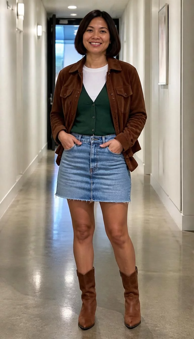 Green Cardigan and Suede Jacket with Mid Length Bob A photorealistic full body shot of a 37-year-old Southeast Asian woman with a square face, golden brown, button nose, softly curved eyebrows, and heart-shaped lips. Her face features gap between front teeth, visible pores, and subtle natural facial asymmetry. She has upturned brown eyes, pronounced cheekbones, broad smile, relaxed. She is average build with brunette center-parted bob hair and is wearing a white t-shirt, green cardigan, brown suede jacket, denim skirt, brown boots, simple indoor hallway, no people in the background, high-quality mobile photography, shot on an iPhone 14.
