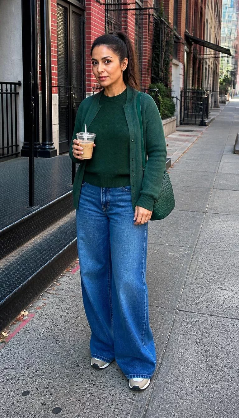 Green Cardigan and Blue Wide Leg Jeans with Iced Coffee A photorealistic full body shot of a 43-year-old South Asian woman with a heart-shaped face, golden brown, button nose, feathered eyebrows, and thin lips. Her face features beauty mark near the lip, a few laugh lines, and subtle natural facial asymmetry. She has round amber eyes, high cheekbones, neutral expression, confident. She is petite with high ponytail hair and is wearing a green cardigan, dark green sweater, blue wide-leg jeans, sneakers, holds an iced coffee and a bag, street, no people in the background, high-quality mobile photography, shot on an iPhone 14.