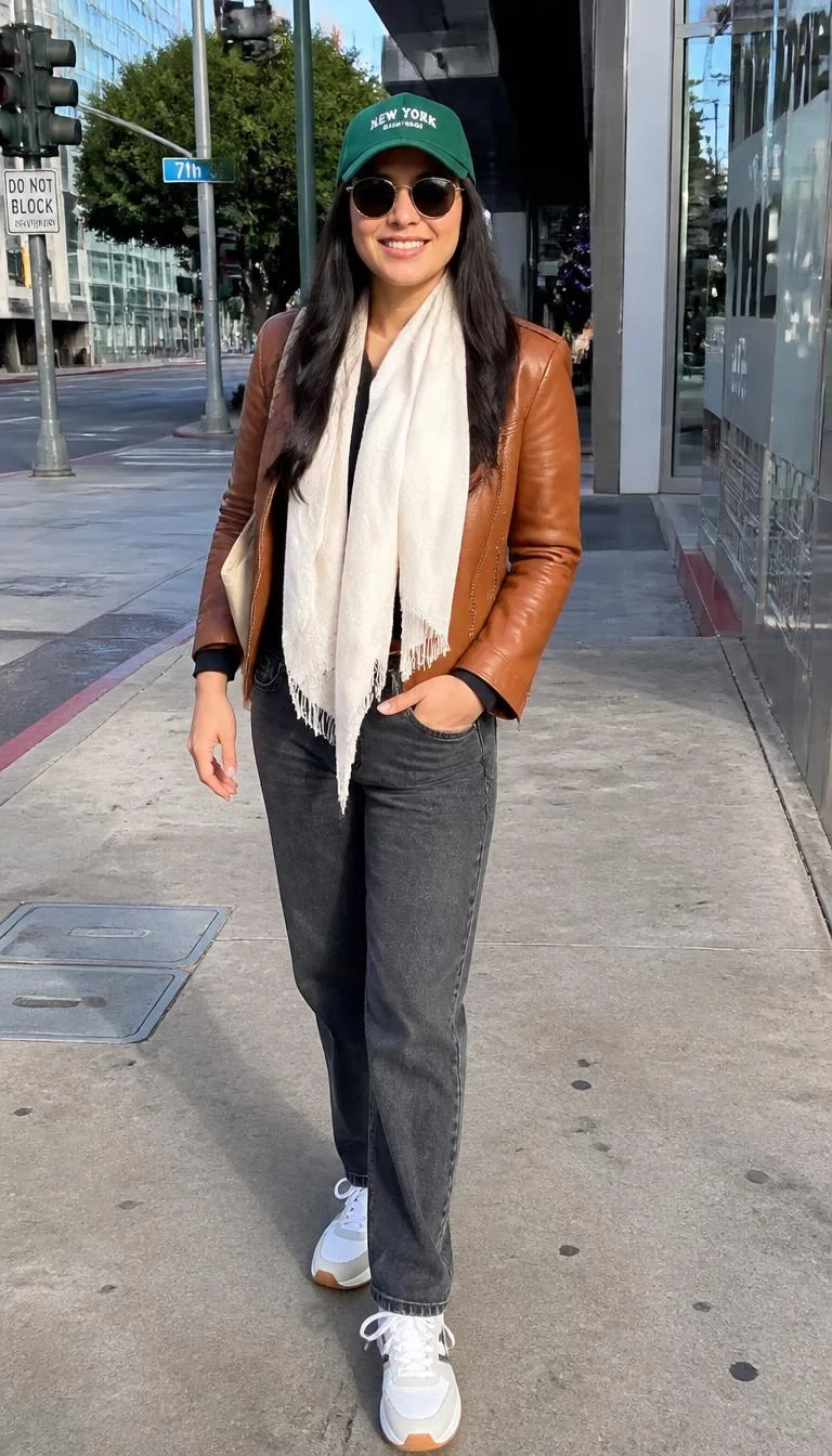 Brown Leather Jacket and Green Baseball Cap A photorealistic full body shot of a 31-year-old Latina woman with a oval face, fair, upturned nose, softly curved eyebrows, and heart-shaped lips. Her face features uneven eyebrows, faint under-eye shadows, and subtle natural facial asymmetry. She has almond-shaped gray eyes, high cheekbones, broad smile, confident. She is slim with dark hair hair and is wearing a green baseball cap, sunglasses, white scarf, brown leather jacket, dark jeans, sneakers, busy city street, no people in the background, high-quality mobile photography, shot on an iPhone 14.