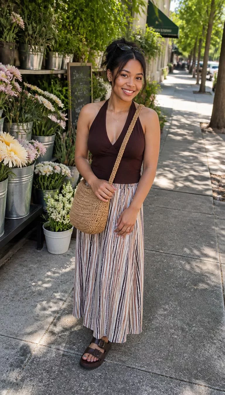 Dark Brown Halter Top and Striped Long Skirt with Woven Bag A photorealistic full body shot of a 34-year-old Afro-Caribbean woman with a round face, light, broad nose, thin arched eyebrows, and full lips. Her face features beauty mark near the lip, light freckles, and subtle natural facial asymmetry. She has round dark brown eyes, pronounced cheekbones, broad smile, relaxed. She is petite with brunette hair and is wearing a dark brown halter top, striped long skirt, woven bag, sidewalk near a flower stall, no people in the background, high-quality mobile photography, shot on an iPhone 14.