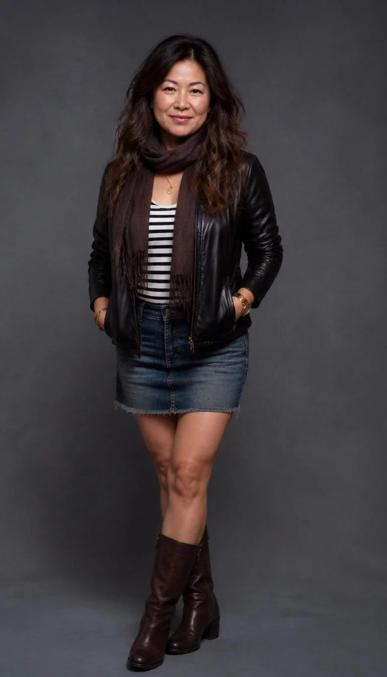 A photorealistic full body shot of a 49-year-old East Asian woman with a round face, olive, broad nose, thick natural eyebrows, and heart-shaped lips. Her face features uneven eyebrows, slightly flushed cheeks, and subtle natural facial asymmetry. She has hooded brown eyes, pronounced cheekbones, subtle smile, playful. She is curvy build with [hair_color] [hairstyle] hair and is wearing a black leather jacket, striped top, denim mini skirt, brown boots, gold necklace, bracelets, watch, dark brown scarf, gray backdrop, no people in the background, high-quality mobile photography, shot on an iPhone 14.