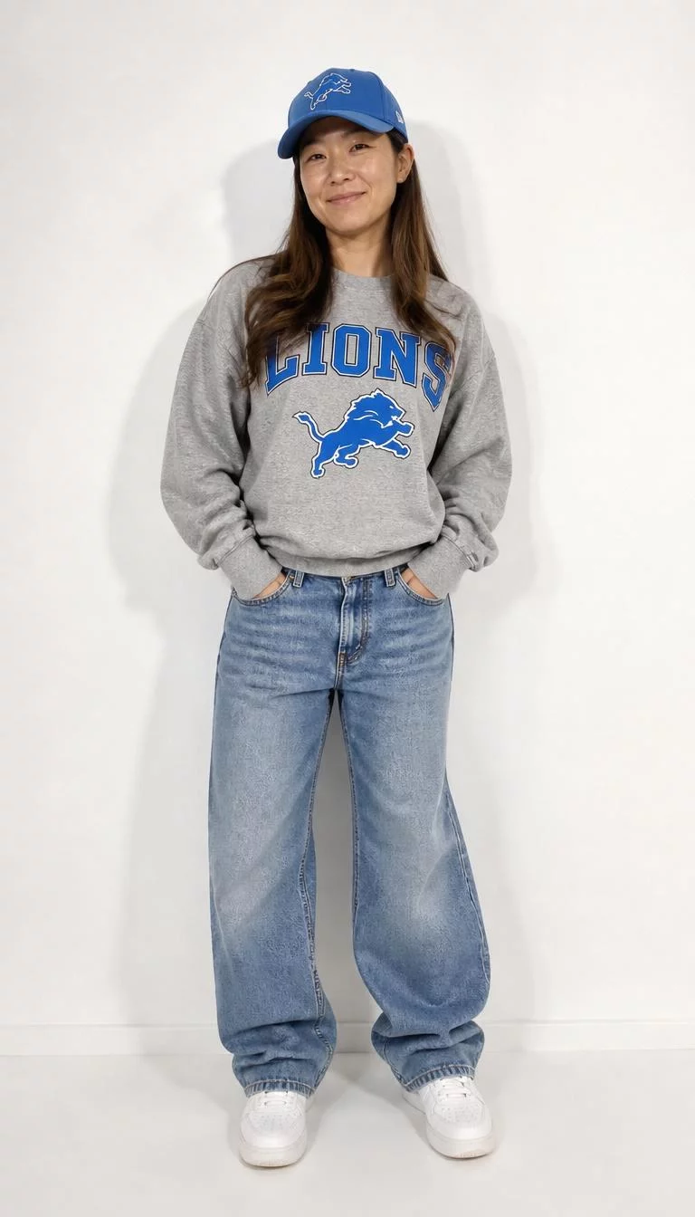 Detroit Lions Game Day Sweater and Baggy Jeans A photorealistic full body shot of a 49-year-race woman with a pear-shaped face, light, rounded nose, feathered eyebrows, and thin lips. Her face features small scar on the eyebrow, light freckles, and subtle natural facial asymmetry. She has monolid hazel eyes, rounded cheeks, closed-mouth smile, cheerful. She is slim with brown hair and is wearing a Detroit Lions logo sweater, blue cap, baggy jeans, and white sneakers, plain white background, no people in the background, high-quality mobile photography, shot on an iPhone 14.