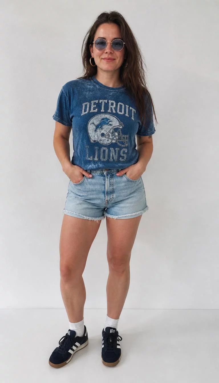 Vintage Lions Tee and Blue Tinted Sunglasses A photorealistic full body shot of a 34-year-old Northern European woman with a oval face, olive, button nose, softly curved eyebrows, and wide lips. Her face features uneven eyebrows, subtle acne marks, and subtle natural facial asymmetry. She has round dark brown eyes, rounded cheeks, closed-mouth smile, relaxed. She is athletic build with brown hair and is wearing a vintage-style Detroit Lions t-shirt, light-wash denim shorts, blue-tinted sunglasses, gold hoop earrings, white socks, and navy blue athletic sneakers, plain white background, no people in the background, high-quality mobile photography, shot on an iPhone 14.