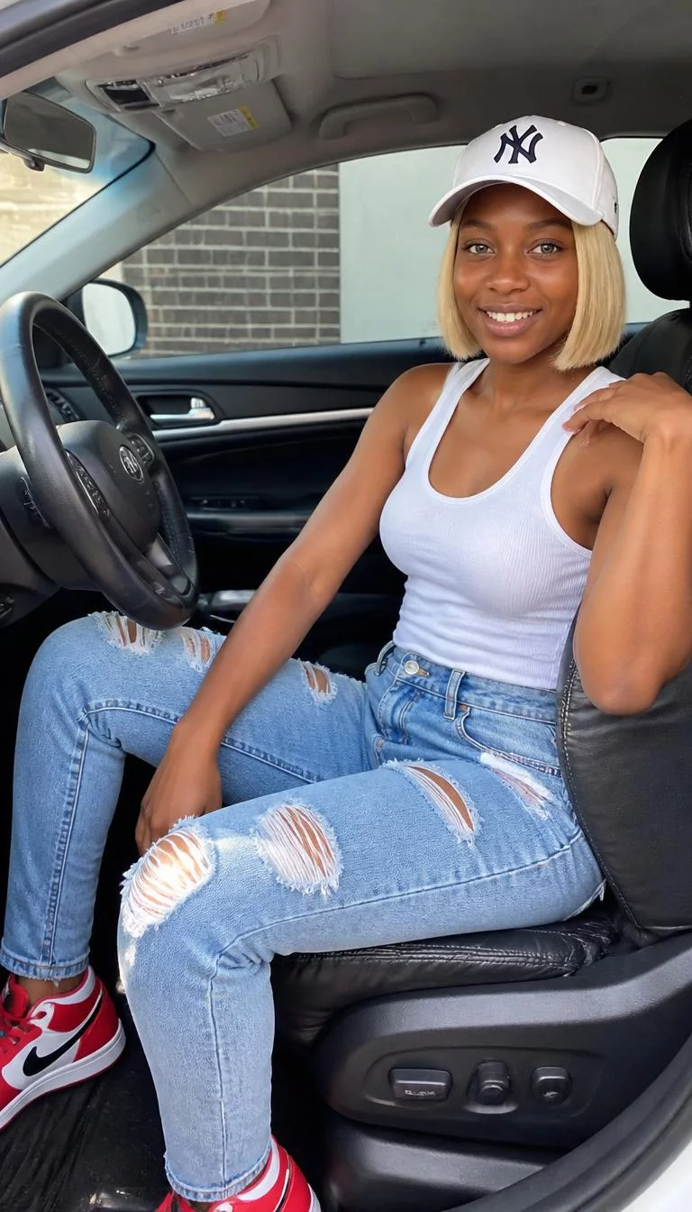 White New Era Cap and Ripped Jeans A photorealistic full body shot of a 33-year-old Black African woman with a diamond face, tan, rounded nose, softly curved eyebrows, and thin lips. Her face features gap between front teeth, slightly flushed cheeks, and subtle natural facial asymmetry. She has deep-set blue eyes, rounded cheeks, broad smile, relaxed. She is slim with blonde straight bob hair and is wearing a white New Era cap, tank top, ripped jeans, and red Nike sneakers, car interior, no people in the background, high-quality mobile photography, shot on an iPhone 14.