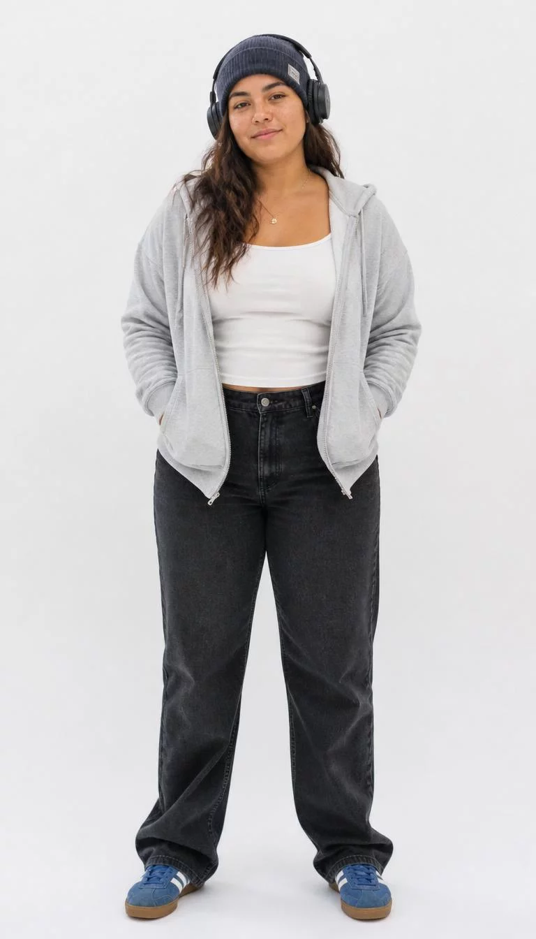 Layered Gray Hoodie and Blue Beanie A photorealistic full body shot of a 26-year-old Latina woman with a square face, dark brown, button nose, straight eyebrows, and wide lips. Her face features uneven eyebrows, light freckles, and subtle natural facial asymmetry. She has deep-set dark brown eyes, pronounced cheekbones, closed-mouth smile, relaxed. She is curvy build with brown hair and is wearing a gray hoodie, white tank, dark jeans, blue beanie, headphones, and Adidas sneakers, plain white background, no people in the background, high-quality mobile photography, shot on an iPhone 14.