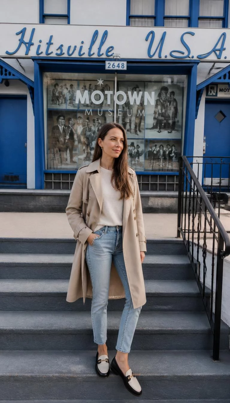 Beige Trench Coat and Light Wash Jeans A photorealistic full body shot of a 32-year-old Northern European woman with a oblong face, golden brown, rounded nose, straight eyebrows, and wide lips. Her face features slightly crooked smile, slightly flushed cheeks, and subtle natural facial asymmetry. She has monolid blue eyes, soft cheekbones, subtle smile, thoughtful. She is slim with long straight brown hair and is wearing a beige trench coat, tucked-in top, light-wash jeans, and two-toned loafers, steps of the Motown Museum, no people in the background, high-quality mobile photography, shot on an iPhone 14.