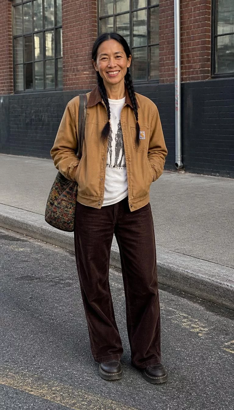 Tan Carhartt Jacket and Brown Trousers A photorealistic full body shot of a 49-year-old East Asian woman with a oblong face, dark brown, aquiline nose, thin arched eyebrows, and wide lips. Her face features faint freckles across the nose, a few laugh lines, and subtle natural facial asymmetry. She has deep-set green eyes, high cheekbones, broad smile, relaxed. She is athletic build with black braided hair and is wearing a tan Carhartt jacket, white graphic tee, brown trousers, and a patterned bag, city street, no people in the background, high-quality mobile photography, shot on an iPhone 14.
