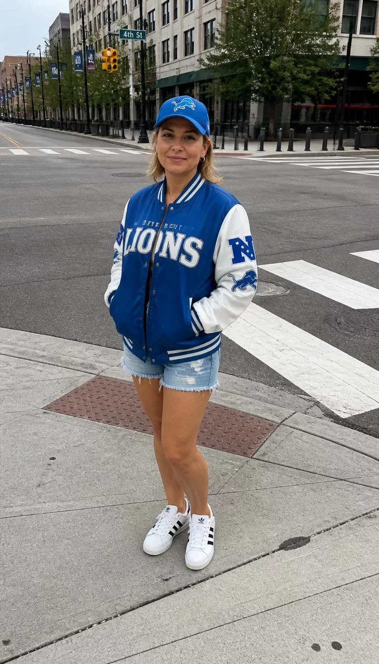 Lions Team Jacket and Adidas Sneakers A photorealistic full body shot of a 40-year-old Mediterranean woman with a round face, dark brown, broad nose, straight eyebrows, and thin lips. Her face features slightly crooked smile, light freckles, and subtle natural facial asymmetry. She has round hazel eyes, pronounced cheekbones, neutral expression, cheerful. She is petite with blonde straight chin-length hair under a blue cap hair and is wearing a Detroit Lions jacket, denim shorts, and white Adidas sneakers, city intersection, no people in the background, high-quality mobile photography, shot on an iPhone 14.