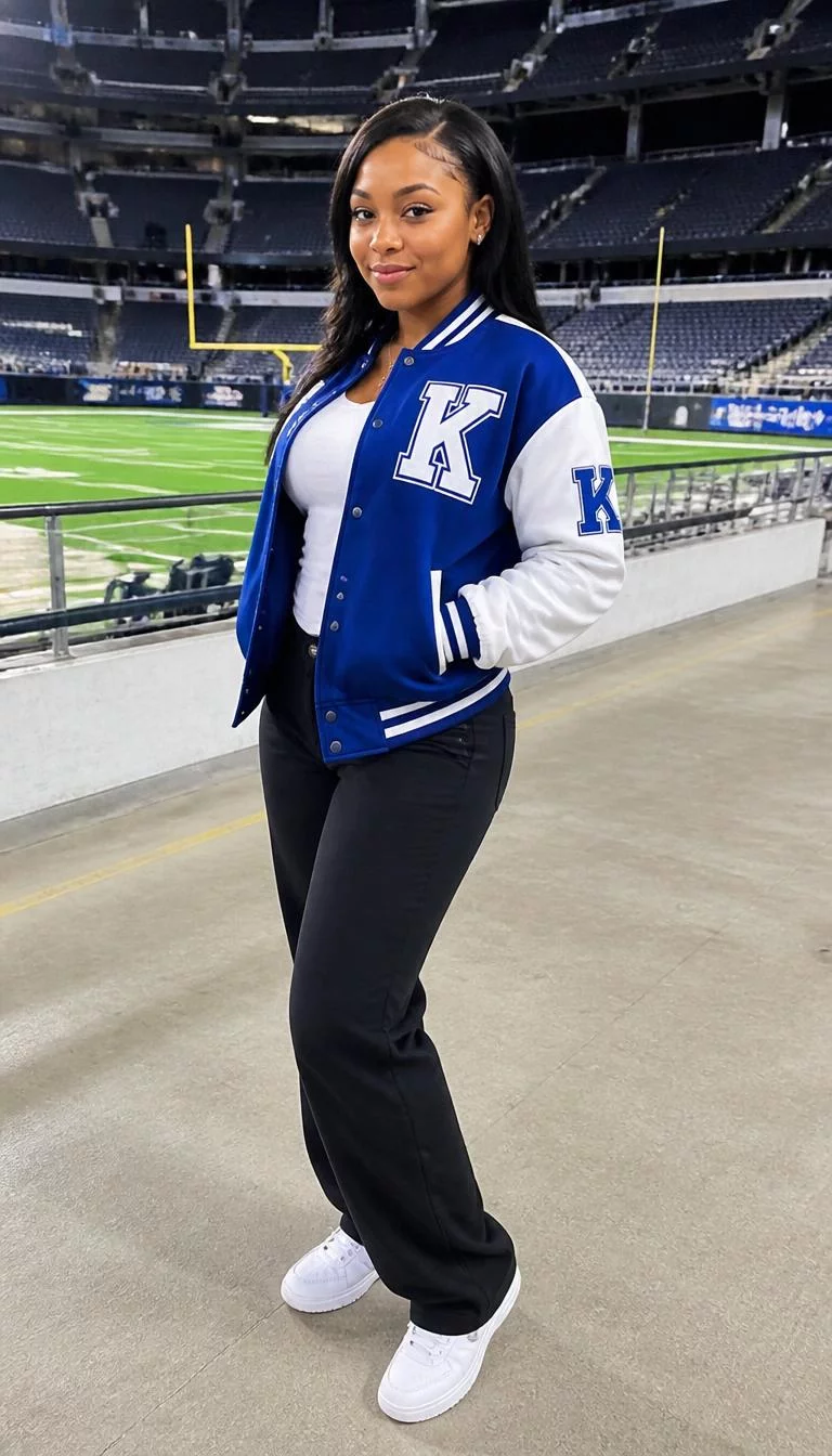 Varsity Jacket and Stadium Style A photorealistic full body shot of a 26-year-old Afro-Caribbean woman with a diamond face, deep brown, button nose, straight eyebrows, and wide lips. Her face features small scar on the eyebrow, slightly flushed cheeks, and subtle natural facial asymmetry. She has round amber eyes, soft cheekbones, closed-mouth smile, playful. She is petite with black hair and is wearing a blue and white varsity jacket, white t-shirt, and dark trousers, professional sports stadium background, no people in the background, high-quality mobile photography, shot on an iPhone 14.