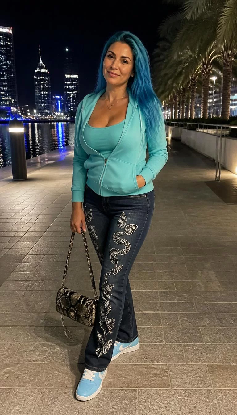 Turquoise Hoodie and Graphic Denim Jeans A photorealistic full body shot of a 37-year-old Middle Eastern woman with a heart-shaped face, olive, aquiline nose, thick natural eyebrows, and thin lips. Her face features widow's peak hairline, light freckles, and subtle natural facial asymmetry. She has upturned blue eyes, high cheekbones, broad smile, relaxed. She is curvy build with turquoise blue hair and is wearing a turquoise hoodie and matching camisole, graphic dark denim jeans, a snakeskin handbag, and blue sneakers, nighttime urban waterfront backdrop with palms, no people in the background, high-quality mobile photography, shot on an iPhone 14.