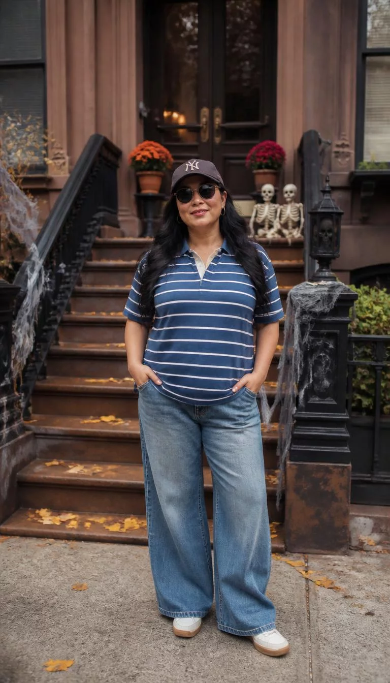 Blue Striped Polo and Baggy Jeans A photorealistic full body shot of a 44-year-old East Asian woman with a square face, golden brown, narrow nose, softly curved eyebrows, and full lips. Her face features faint freckles across the nose, faint under-eye shadows, and subtle natural facial asymmetry. She has round amber eyes, soft cheekbones, broad smile, confident. She is curvy build with black voluminous loose waves hair and is wearing a blue striped polo, baggy jeans, sunglasses, and a baseball cap, brownstone decorated for Halloween, no people in the background, high-quality mobile photography, shot on an iPhone 14.