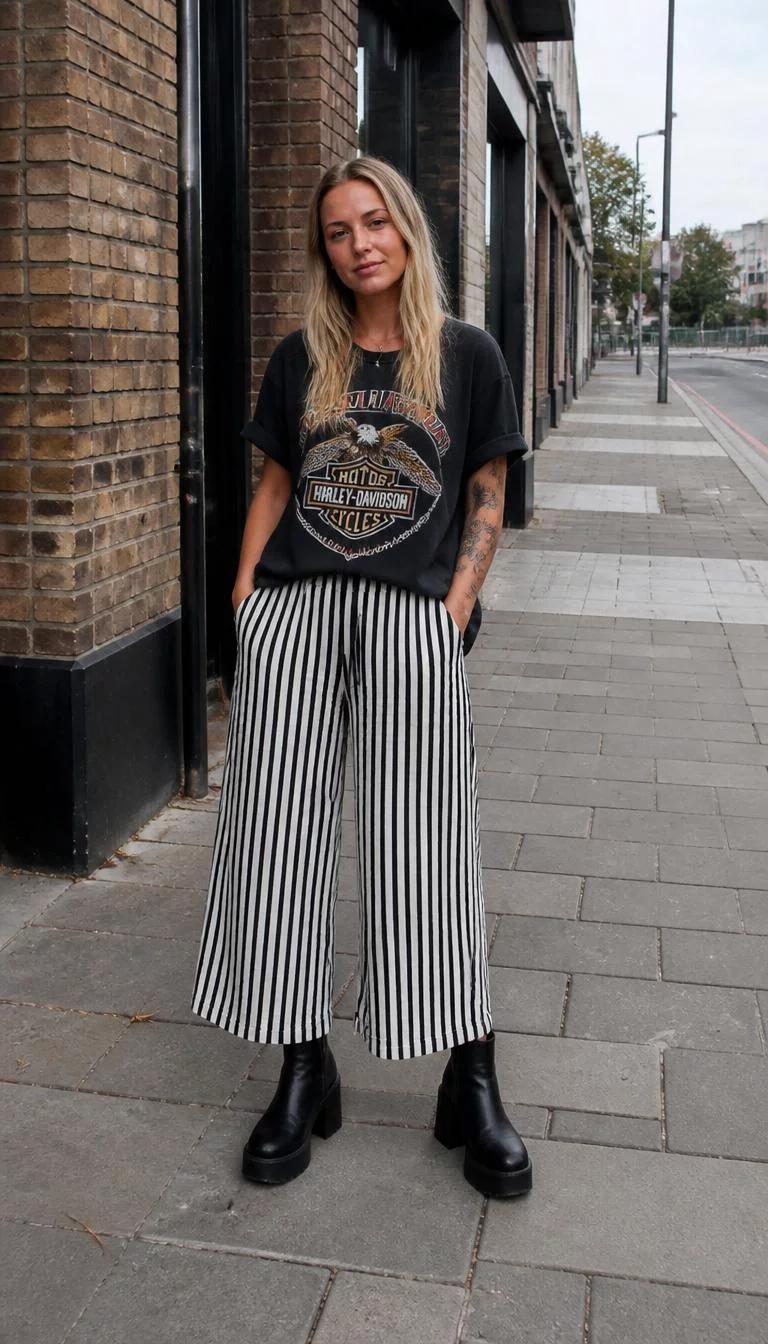 Harley-Davidson Graphic Tee and Striped Wide Leg Pants A photorealistic full body shot of a 34-year-old Northern European woman with a oblong face, tan, upturned nose, softly curved eyebrows, and wide lips. Her face features uneven eyebrows, faint under-eye shadows, and subtle natural facial asymmetry. She has hooded hazel eyes, pronounced cheekbones, neutral expression, relaxed. She is slim with blonde layered straight hair and is wearing a black Harley-Davidson graphic t-shirt, vertical striped wide-leg cropped pants, and black platform boots, urban street background, no people in the background, high-quality mobile photography, shot on an iPhone 14.