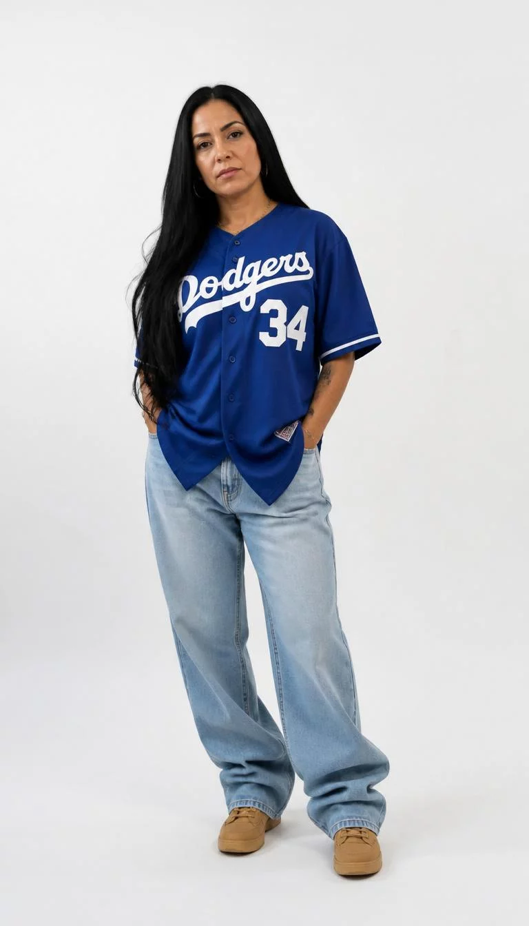 Blue Sports Jersey and Light Wash Jeans A photorealistic full body shot of a 40-year-old Latina woman with a heart-shaped face, olive, button nose, thick natural eyebrows, and wide lips. Her face features dimples, faint under-eye shadows, and subtle natural facial asymmetry. She has downturned amber eyes, soft cheekbones, neutral expression, confident. She is petite with black long straight hair and is wearing a button-down blue jersey with the number 34, baggy light-wash jeans, and tan shoes, white studio background, no people in the background, high-quality mobile photography, shot on an iPhone 14.