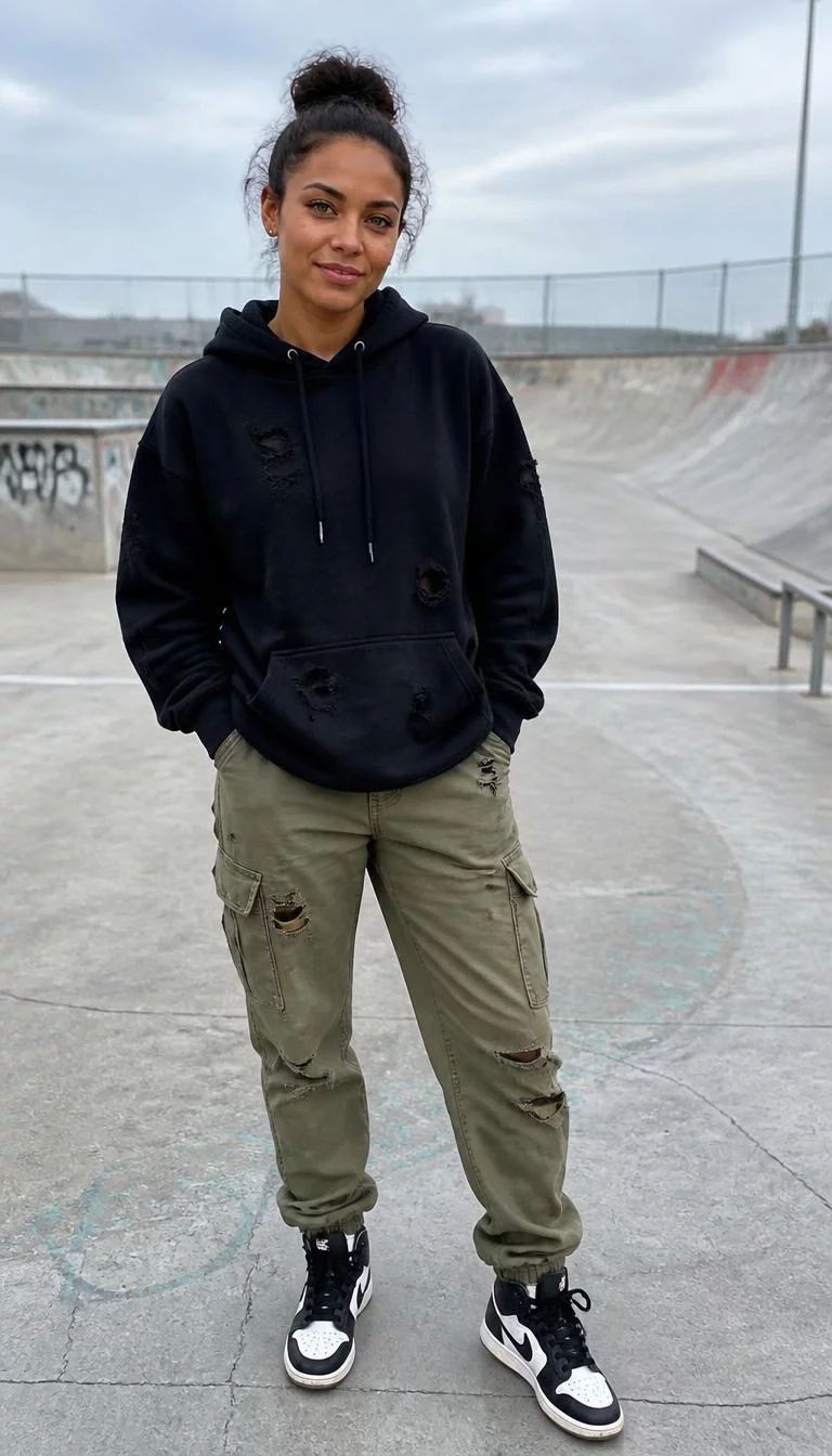 Distressed Black Hoodie and Olive Cargo Pants A photorealistic full body shot of a 34-year-old Afro-Caribbean woman with a oval face, light, aquiline nose, straight eyebrows, and full lips. Her face features beauty mark near the lip, a few laugh lines, and subtle natural facial asymmetry. She has downturned green eyes, high cheekbones, broad smile, relaxed. She is average build with dark brown hair in a messy bun hair and is wearing a distressed black hoodie, ripped olive cargo pants, and sneakers, concrete outdoor skatepark setting, no people in the background, high-quality mobile photography, shot on an iPhone 14.
