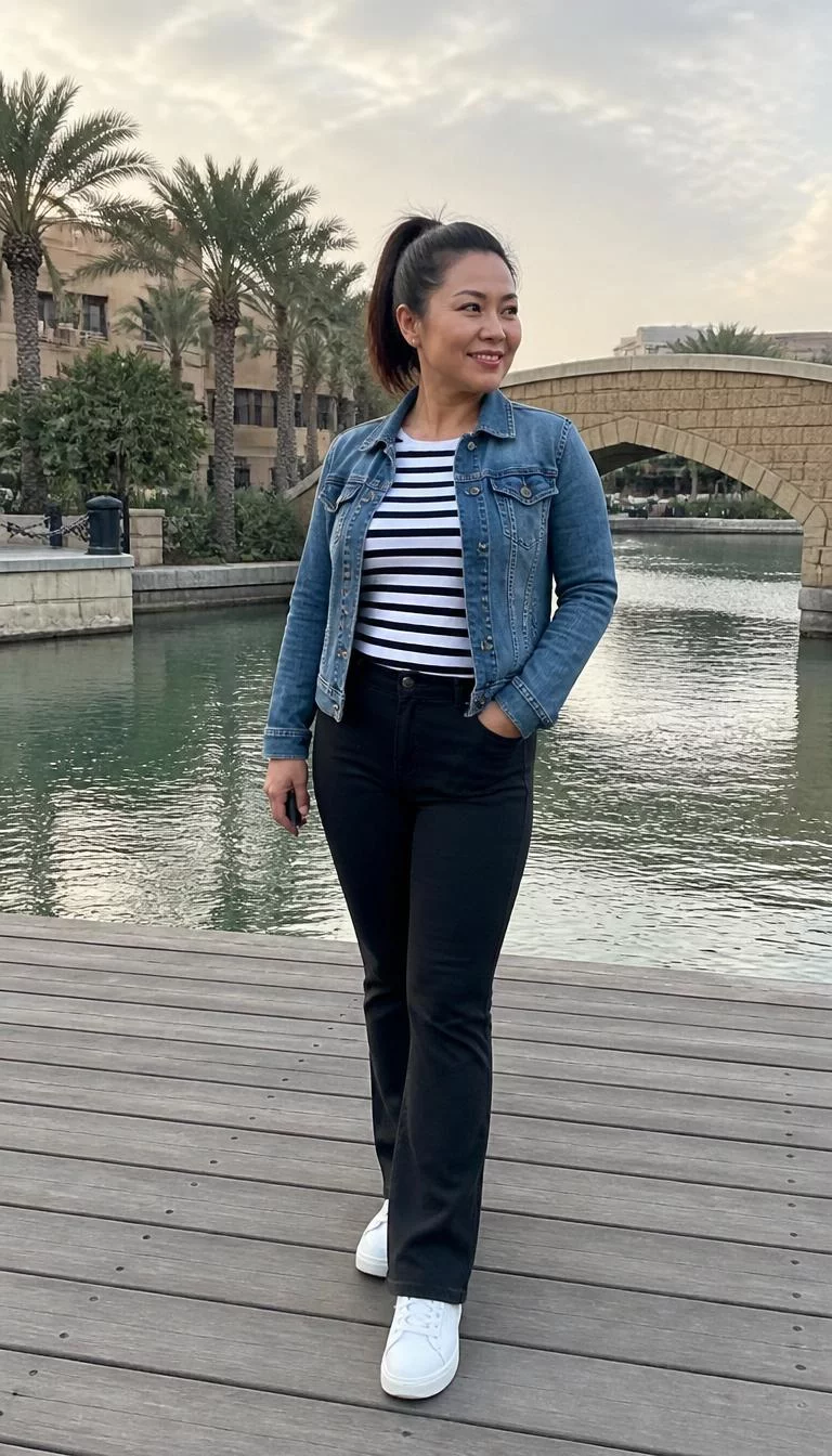 A photorealistic full body shot of a 38-year-old East Asian woman with a heart-shaped face, dark brown, rounded nose, softly curved eyebrows, and wide lips. Her face features uneven eyebrows, visible pores, and subtle natural facial asymmetry. She has hooded blue eyes, high cheekbones, broad smile, confident. She is curvy build with dark hair in a high ponytail and is wearing a striped shirt, denim jacket, and black pants, a bridge with water and palm trees in Dubai, no people in the background, high-quality mobile photography, shot on an iPhone 14.