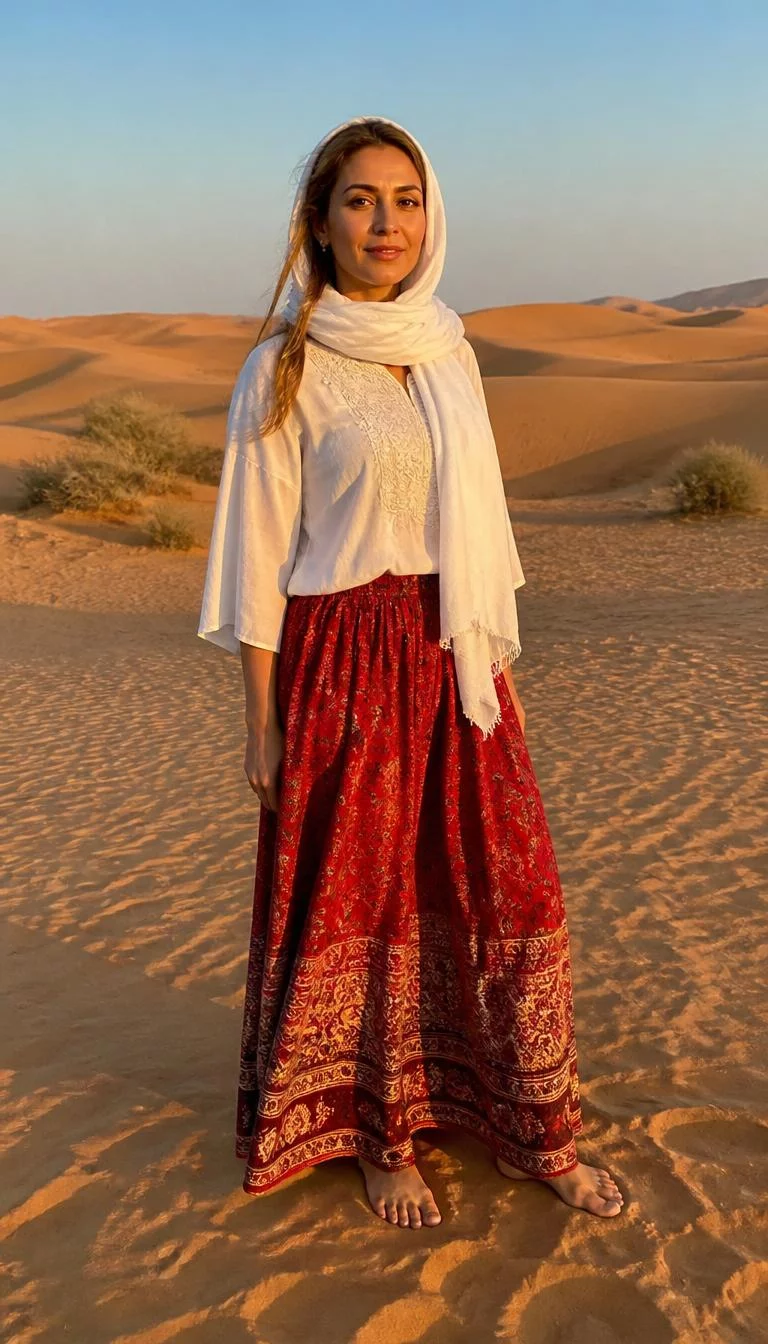 A photorealistic full body shot of a 40-year-old Middle Eastern woman with a pear-shaped face, light, upturned nose, thin arched eyebrows, and thin lips. Her face features faint freckles across the nose, visible pores, and subtle natural facial asymmetry. She has hooded amber eyes, high cheekbones, closed-mouth smile, relaxed. She is petite with long light brown hair and is wearing a white headscarf, white embroidered blouse, and red patterned maxi skirt, desert sand dunes in the warm golden sunlight, no people in the background, high-quality mobile photography, shot on an iPhone 14.