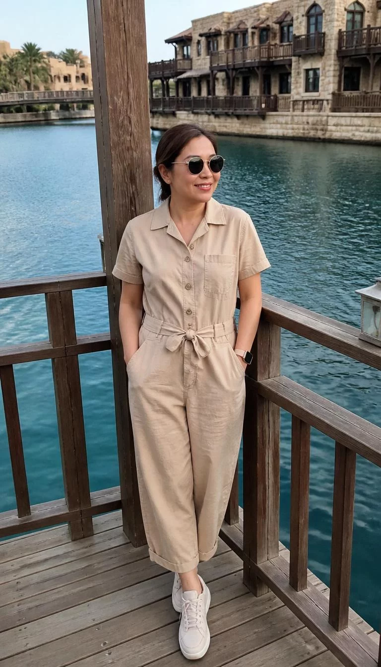A photorealistic full body shot of a 39-year-old East Asian woman with a round face, dark brown, broad nose, thin arched eyebrows, and wide lips. Her face features small scar on the eyebrow, subtle acne marks, and subtle natural facial asymmetry. She has monolid dark brown eyes, rounded cheeks, subtle smile, cheerful. She is petite with brown hair in a neat hairstyle and is wearing a beige buttoned jumpsuit with a tied waist and sunglasses, a wooden structure by a blue canal, no people in the background, high-quality mobile photography, shot on an iPhone 14.