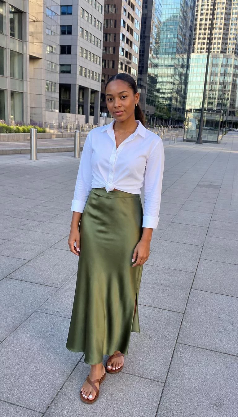 A photorealistic full body shot of a 25-year-old Afro-Caribbean woman with a oval face, light, rounded nose, softly curved eyebrows, and full lips. Her face features widow's peak hairline, visible pores, and subtle natural facial asymmetry. She has downturned brown eyes, rounded cheeks, neutral expression, cheerful. She is petite with brown ponytail hair and is wearing a white button-down top and a long olive green skirt, tall city buildings, no people in the background, high-quality mobile photography, shot on an iPhone 14.