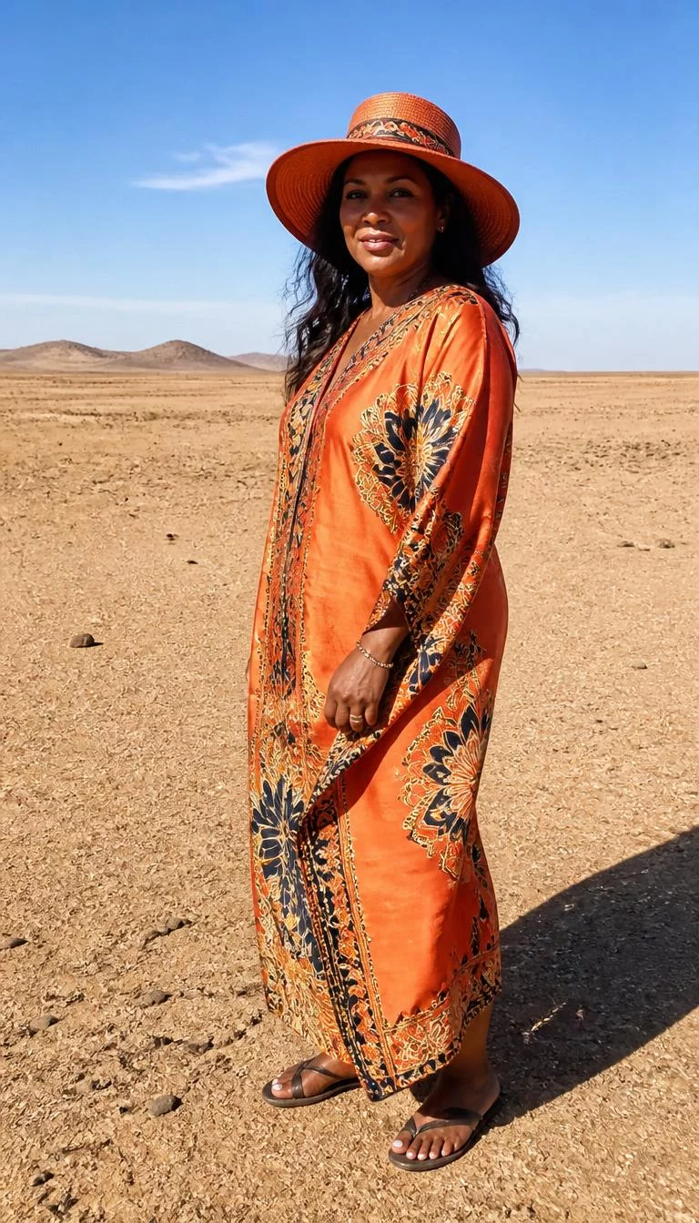 A photorealistic full body shot of a 47-year-old Black African woman with a square face, fair, button nose, softly curved eyebrows, and wide lips. Her face features slightly crooked smile, a few laugh lines, and subtle natural facial asymmetry. She has deep-set hazel eyes, pronounced cheekbones, neutral expression, cheerful. She is athletic build with long dark wavy hair and is wearing a vibrant orange patterned kaftan and a wide-brim hat, a vast sandy desert landscape under a clear blue sky, no people in the background, high-quality mobile photography, shot on an iPhone 14.