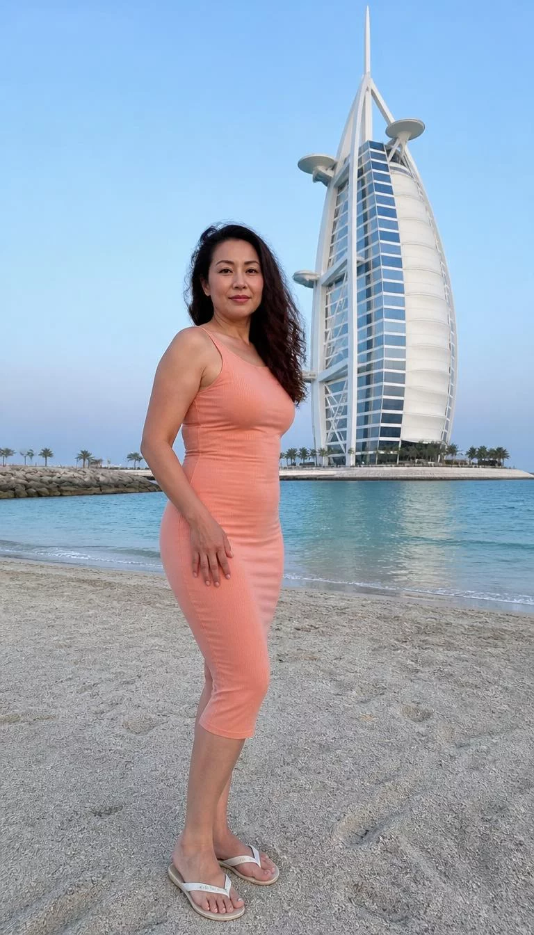 A photorealistic full body shot of a 48-year-old East Asian woman with a oblong face, light, upturned nose, softly curved eyebrows, and thin lips. Her face features small scar on the eyebrow, visible pores, and subtle natural facial asymmetry. She has upturned amber eyes, pronounced cheekbones, subtle smile, confident. She is curvy build with long curly dark brown hair and is wearing a simple sleeveless peach-colored dress, the Burj Al Arab hotel backdrop, no people in the background, high-quality mobile photography, shot on an iPhone 14.