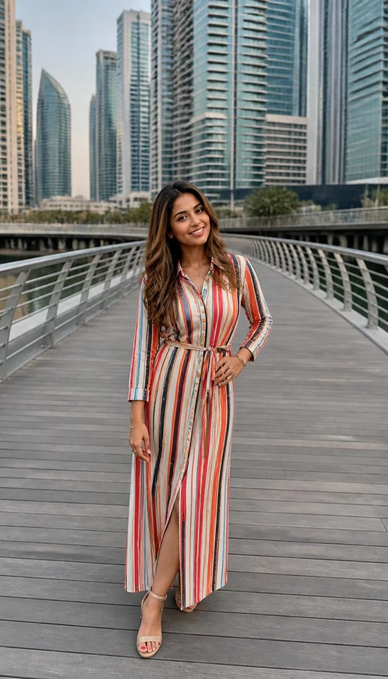 A photorealistic full body shot of a 35-year-old South Asian woman with a oval face, golden brown, rounded nose, softly curved eyebrows, and wide lips. Her face features slightly crooked smile, faint under-eye shadows, and subtle natural facial asymmetry. She has deep-set dark brown eyes, pronounced cheekbones, closed-mouth smile, playful. She is slim with long highlighted brown hair and is wearing a long-sleeved striped multi-colored button-down dress with a waist tie, a pedestrian bridge with skyscrapers in the background, no people in the background, high-quality mobile photography, shot on an iPhone 14.