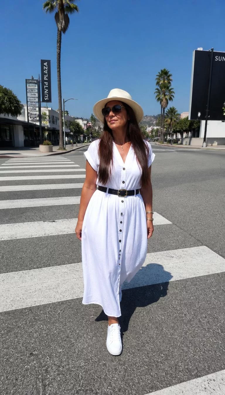 A photorealistic full body shot of a 42-year-old Middle Eastern woman with a square face, dark brown, narrow nose, thick natural eyebrows, and thin lips. Her face features slightly crooked smile, visible pores, and subtle natural facial asymmetry. She has deep-set dark brown eyes, rounded cheeks, broad smile, playful. She is petite with long brown hair and is wearing a white sun hat, large sunglasses, and a white button-down midi dress with a black belt, walking across a crosswalk on Sunset Boulevard, no people in the background, high-quality mobile photography, shot on an iPhone 14.
