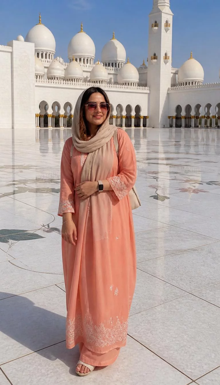 A photorealistic full body shot of a 27-year-old Middle Eastern woman with a round face, light, button nose, feathered eyebrows, and wide lips. Her face features dimples, slightly flushed cheeks, and subtle natural facial asymmetry. She has hooded gray eyes, high cheekbones, broad smile, thoughtful. She is petite with brown hair and is wearing a light headscarf, peach-colored traditional long dress with embroidery, and pink sunglasses, white marble floor of a large mosque courtyard, no people in the background, high-quality mobile photography, shot on an iPhone 14.