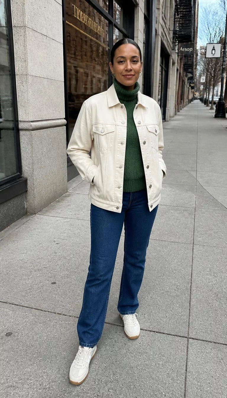 High Neck Green Sweater and Cream Denim Jacket A photorealistic full body shot of a 38-year-old Mixed-race woman with a oval face, tan, rounded nose, thick natural eyebrows, and heart-shaped lips. Her face features slightly crooked smile, a few laugh lines, and subtle natural facial asymmetry. She has hooded amber eyes, soft cheekbones, closed-mouth smile, confident. She is athletic build with dark hair styled in a center-parted bun hair and is wearing a high-neck green sweater under a cream-colored denim jacket and dark blue straight-leg jeans with classic sneakers, city street, no people in the background, high-quality mobile photography, shot on an iPhone 14.