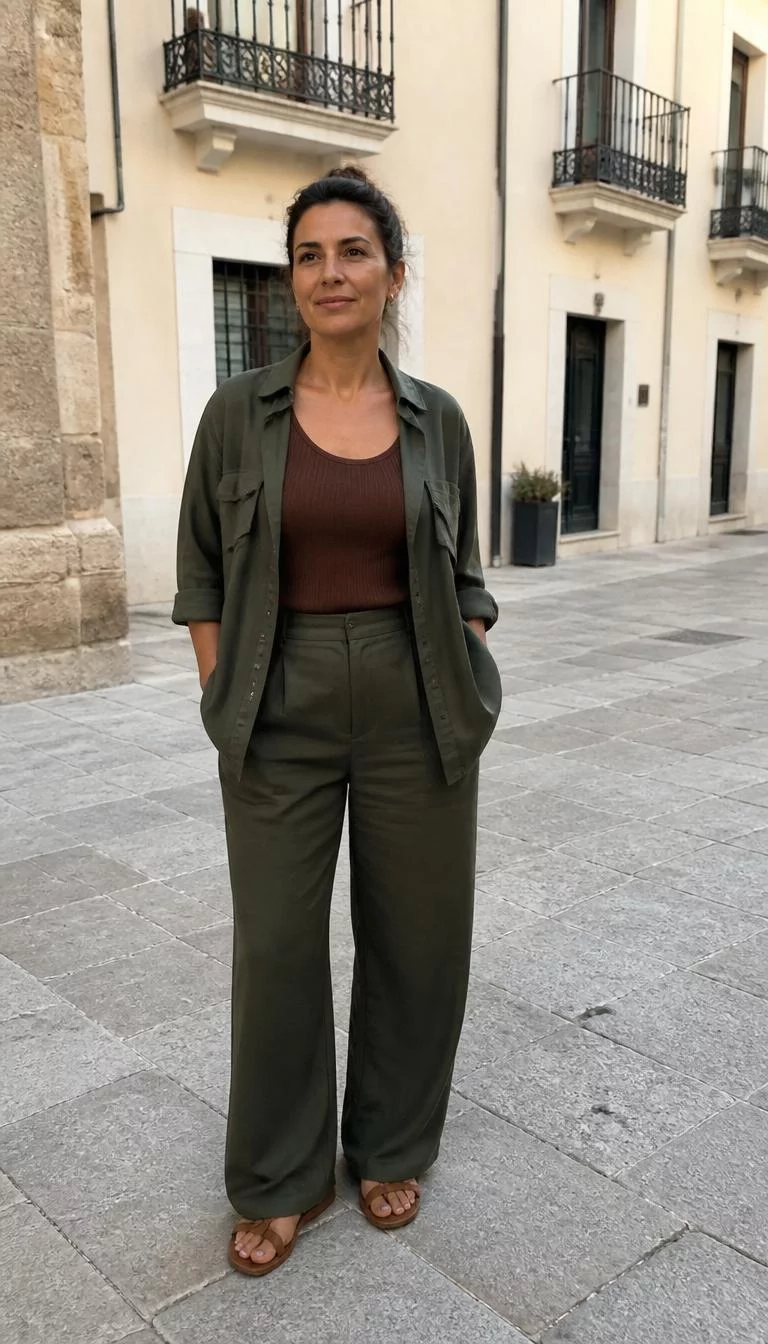 Olive Button Down Shirt and Matching Trousers A photorealistic full body shot of a 40-year-old Southern European woman with a pear-shaped face, golden brown, rounded nose, thick natural eyebrows, and wide lips. Her face features widow's peak hairline, slightly flushed cheeks, and subtle natural facial asymmetry. She has round blue eyes, high cheekbones, neutral expression, confident. She is petite with mid-length brown hair in a bun hair and is wearing a brown ribbed top under an olive button-down shirt, matching olive wide-leg trousers, and brown sandals, urban plaza, no people in the background, high-quality mobile photography, shot on an iPhone 14.