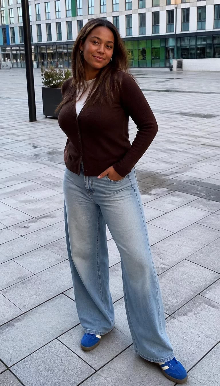 Dark Brown Cardigan and Light Wash Wide Leg Jeans A photorealistic full body shot of a 31-year-old Afro-Caribbean woman with a round face, tan, straight nose, softly curved eyebrows, and thin lips. Her face features widow's peak hairline, subtle acne marks, and subtle natural facial asymmetry. She has hooded dark brown eyes, rounded cheeks, subtle smile, playful. She is slim with brown hair styled in a long, layered look hair and is wearing a dark brown cardigan sweater, a white undershirt, light-wash wide-leg jeans, and blue retro sneakers, plaza, no people in the background, high-quality mobile photography, shot on an iPhone 14.