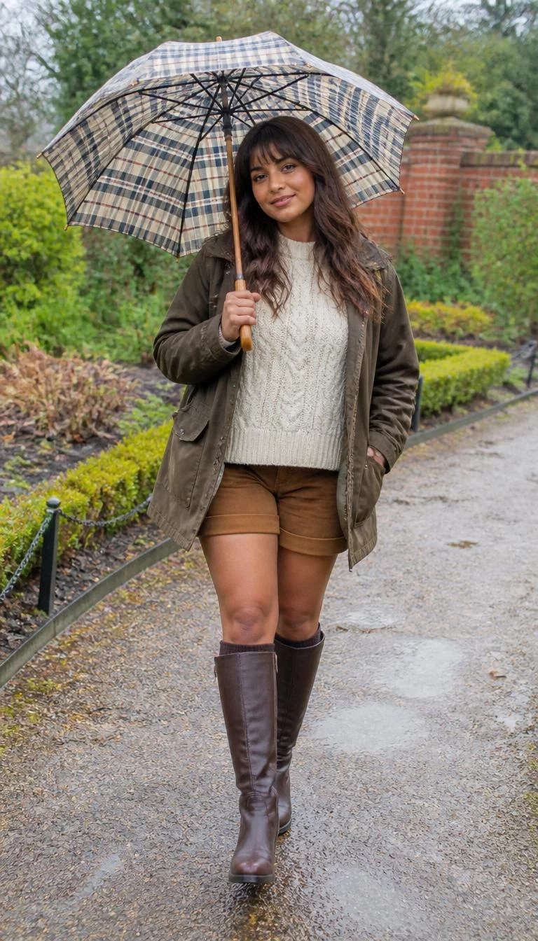 Olive Jacket and Cream Cable Knit Sweater A photorealistic full body shot of a 31-year-old South Asian woman with a oval face, golden brown, aquiline nose, thick natural eyebrows, and thin lips. Her face features small scar on the eyebrow, light freckles, and subtle natural facial asymmetry. She has almond-shaped dark brown eyes, high cheekbones, subtle smile, cheerful. She is curvy build with long, wavy brown hair with bangs hair and is wearing an olive jacket, cream cable-knit sweater, brown shorts, and knee-high boots, holding a plaid umbrella, garden, no people in the background, high-quality mobile photography, shot on an iPhone 14.