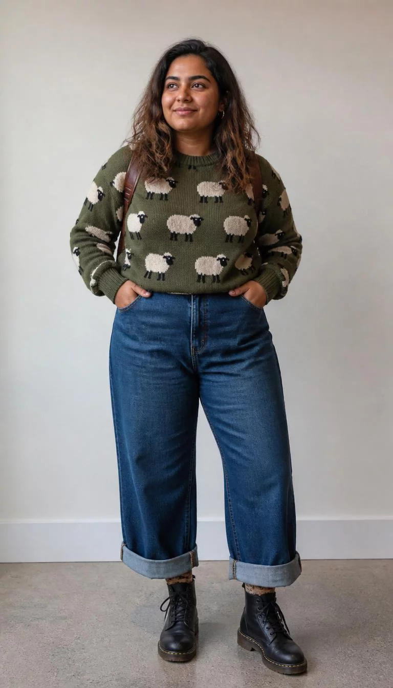 Sheep Patterned Green Knit Sweater and Cuffed Jeans A photorealistic full body shot of a 32-year-old South Asian woman with a oval face, tan, rounded nose, thick natural eyebrows, and wide lips. Her face features faint freckles across the nose, visible pores, and subtle natural facial asymmetry. She has almond-shaped green eyes, high cheekbones, broad smile, thoughtful. She is curvy build with brown hair and is wearing a sheep-patterned green knit sweater, wide-leg cuffed jeans, Doc Marten-style boots, brown printed socks, and a brown leather backpack, neutral background, no people in the background, high-quality mobile photography, shot on an iPhone 14.