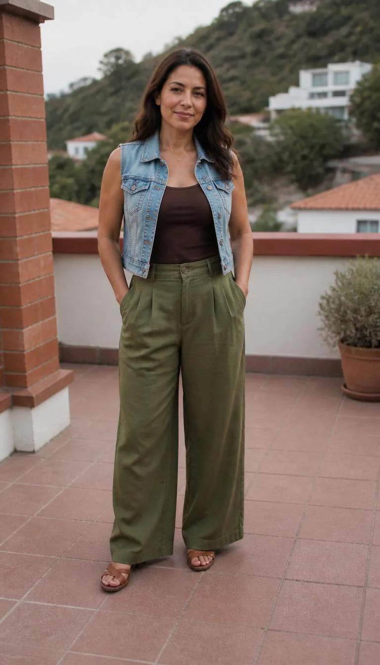 Denim Vest and Olive Green Pleated Trousers A photorealistic full body shot of a 41-year-old Latina woman with a diamond face, light, narrow nose, thin arched eyebrows, and thin lips. Her face features widow's peak hairline, faint under-eye shadows, and subtle natural facial asymmetry. She has upturned brown eyes, rounded cheeks, subtle smile, thoughtful. She is average build with long brown hair in a natural style hair and is wearing a denim vest over a brown top, olive-green wide-leg pleated trousers, and brown leather sandals, terrace, no people in the background, high-quality mobile photography, shot on an iPhone 14.