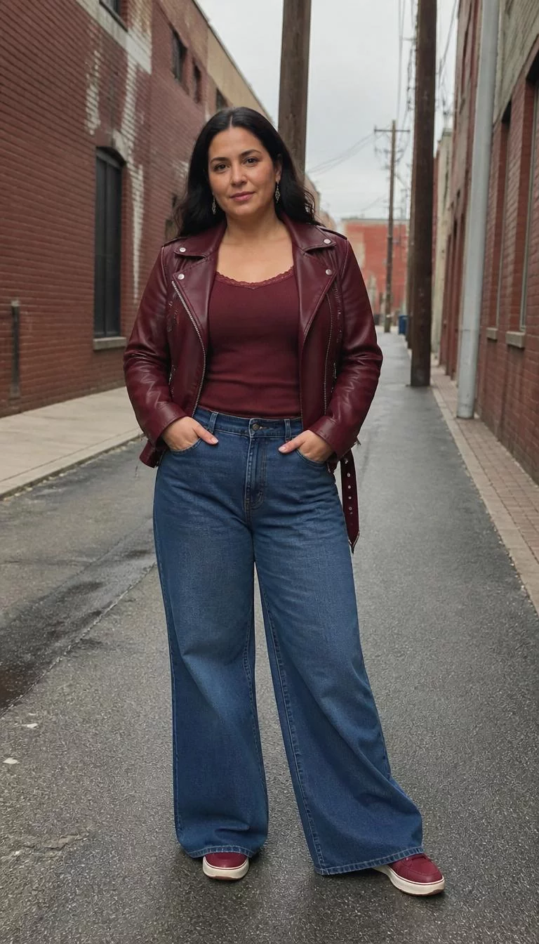 Burgundy Leather Biker Jacket and Wide Leg Blue Jeans A photorealistic full body shot of a 43-year-old Latina woman with a oval face, deep brown, aquiline nose, straight eyebrows, and wide lips. Her face features uneven eyebrows, subtle acne marks, and subtle natural facial asymmetry. She has deep-set green eyes, high cheekbones, subtle smile, confident. She is curvy build with dark hair and is wearing a burgundy leather biker jacket, a matching maroon top, wide-leg blue jeans, and dark red sneakers, urban setting, no people in the background, high-quality mobile photography, shot on an iPhone 14.