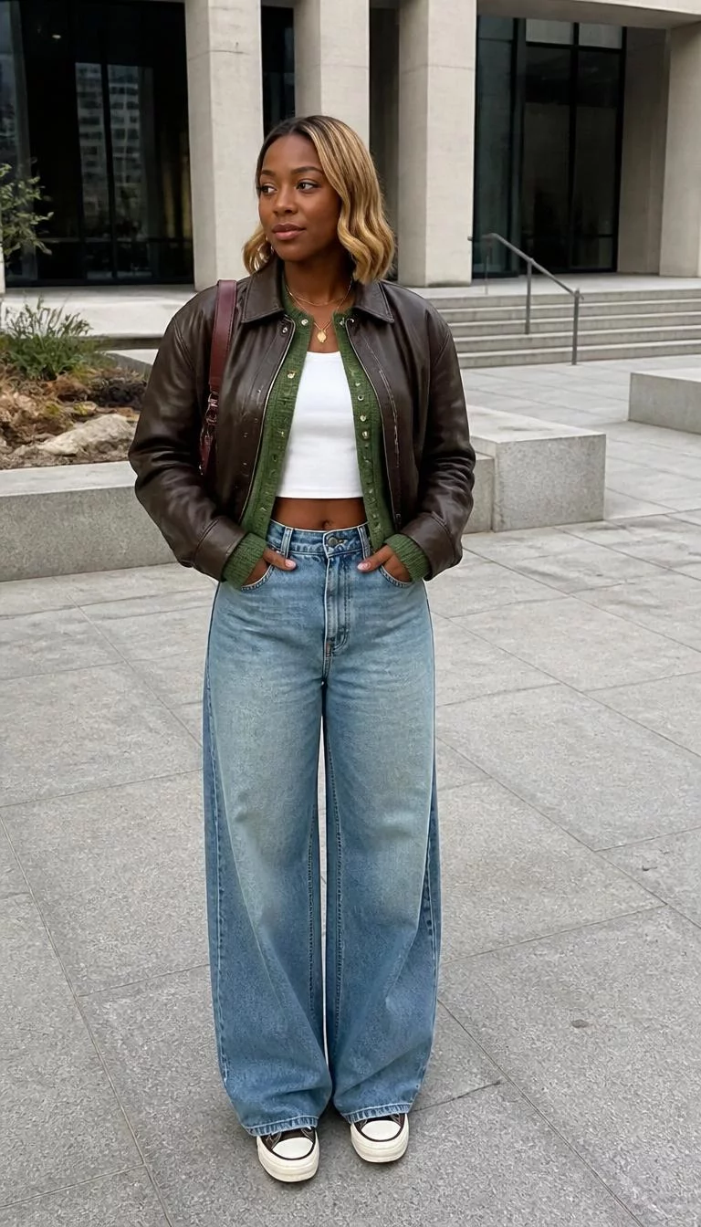 Green Knit Cardigan and Brown Leather Jacket A photorealistic full body shot of a 32-year-old Black African woman with a pear-shaped face, light, rounded nose, thin arched eyebrows, and wide lips. Her face features uneven eyebrows, subtle acne marks, and subtle natural facial asymmetry. She has downturned brown eyes, pronounced cheekbones, closed-mouth smile, thoughtful. She is petite with blonde hair styled in a lob with soft waves hair and is wearing a green knit cardigan over a white crop top, vintage-wash wide-leg jeans, and a brown leather jacket, urban plaza, no people in the background, high-quality mobile photography, shot on an iPhone 14.
