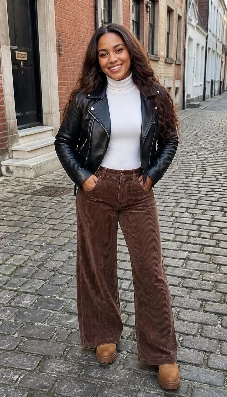 Black Leather Biker Jacket and Brown Corduroy Pants A photorealistic full body shot of a 24-year-old Afro-Caribbean woman with a square face, tan, upturned nose, straight eyebrows, and heart-shaped lips. Her face features beauty mark near the lip, light freckles, and subtle natural facial asymmetry. She has almond-shaped gray eyes, pronounced cheekbones, broad smile, cheerful. She is athletic build with long wavy brown hair and is wearing a white high-neck top under a black leather biker jacket, brown corduroy wide-leg pants, and tan boots, cobblestone street, no people in the background, high-quality mobile photography, shot on an iPhone 14.